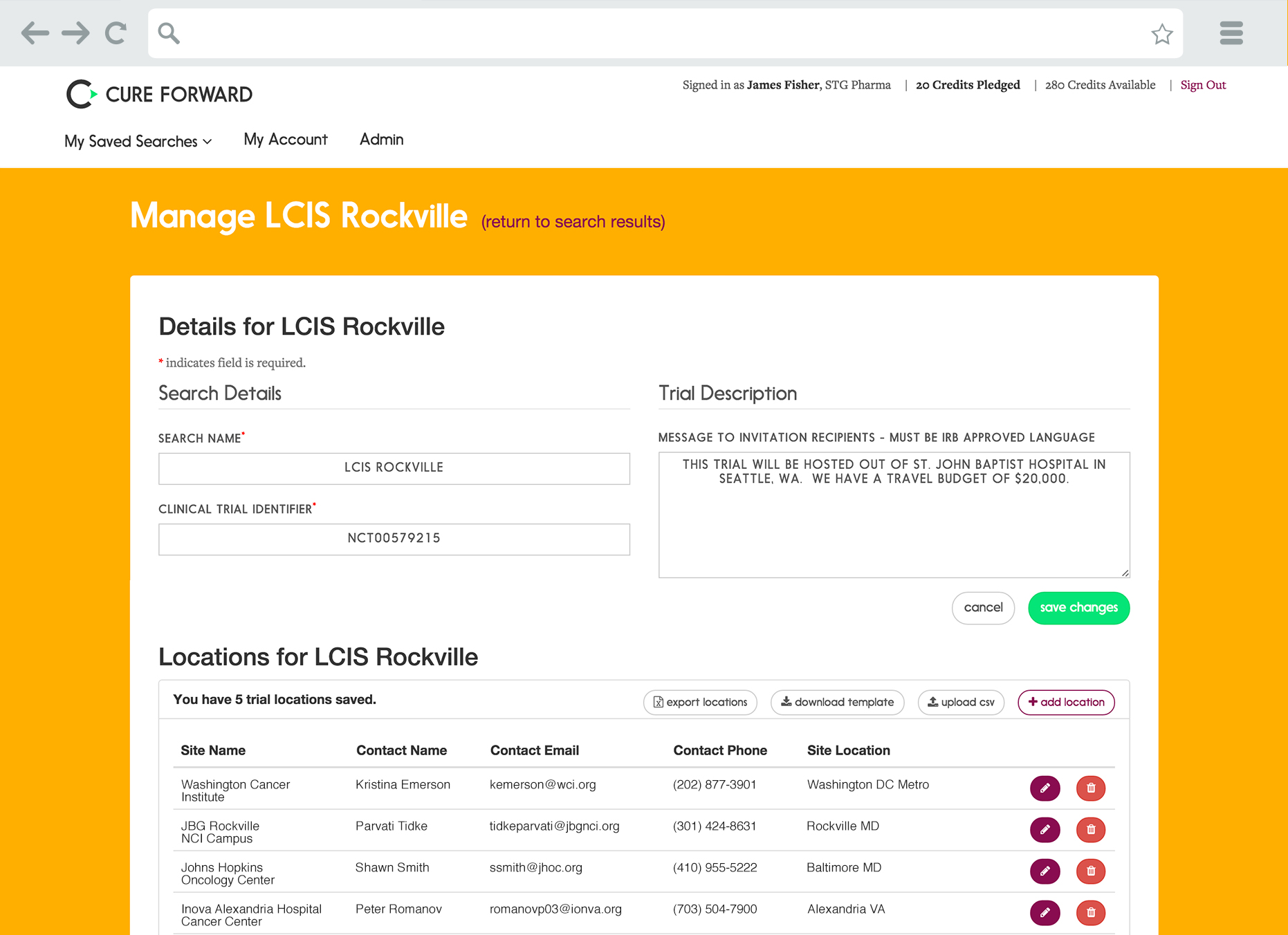 Cure Forward Manage Clinical Trial Screen