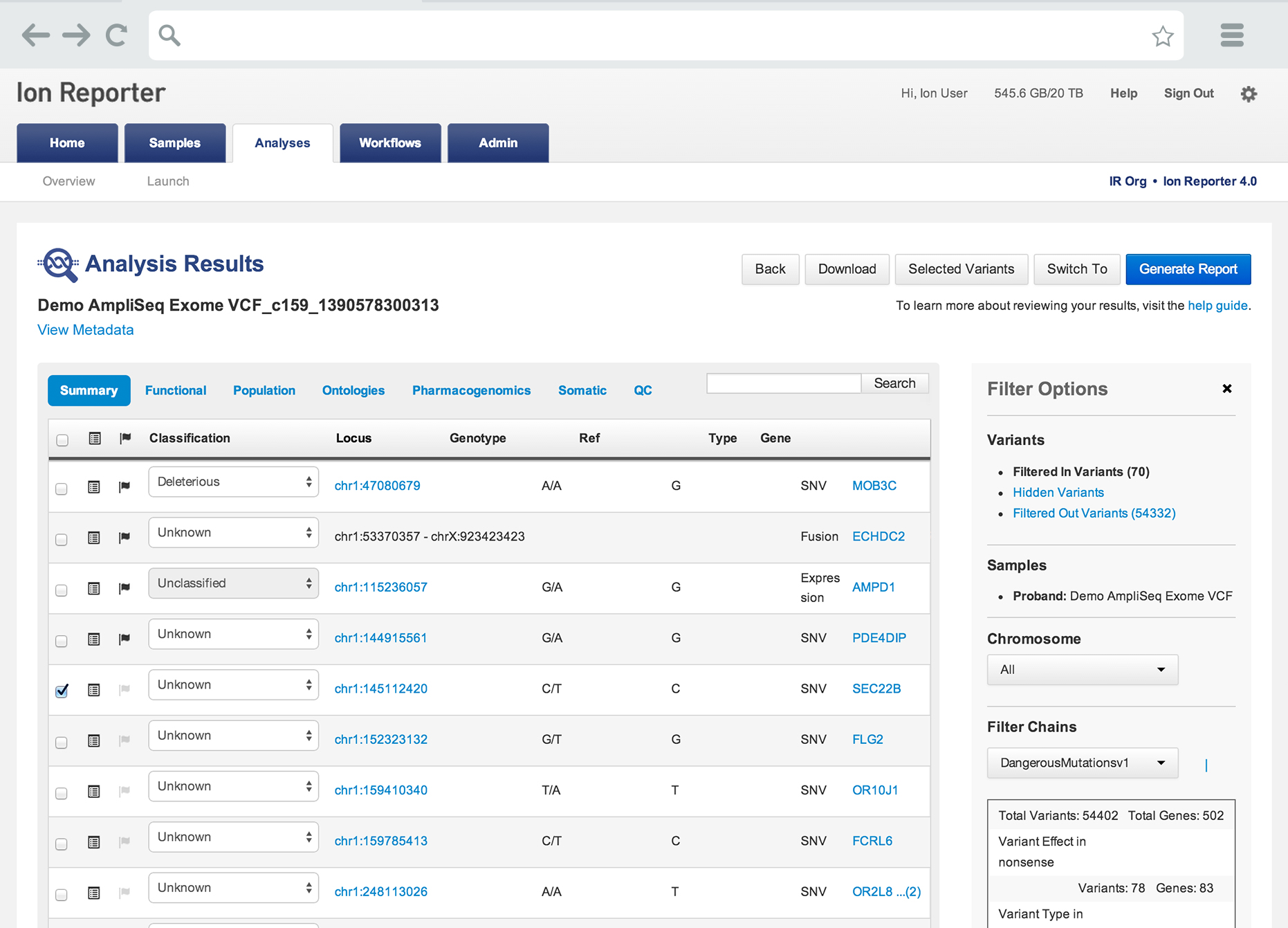 Ion Reporter Analysis Results screen