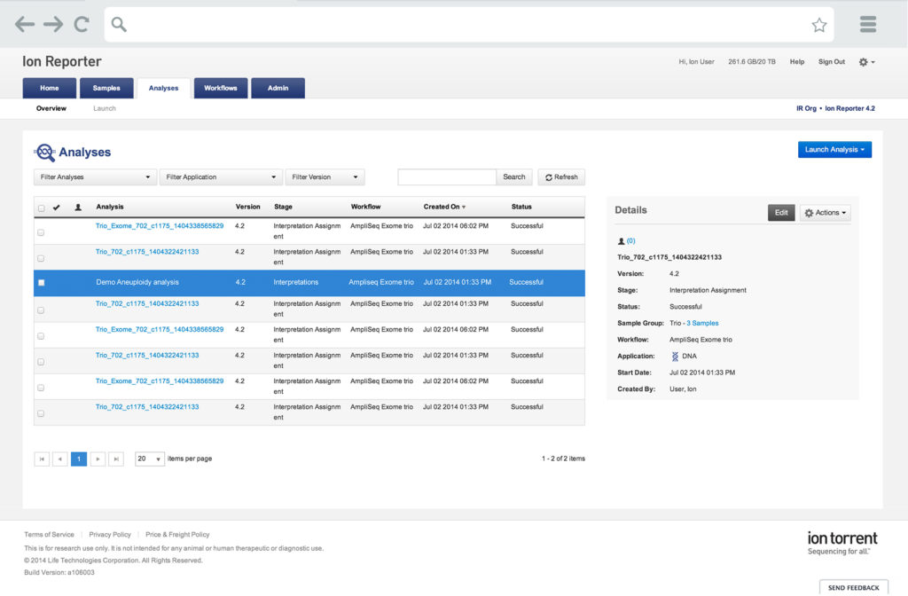 Ion Reporter Analysis Screen