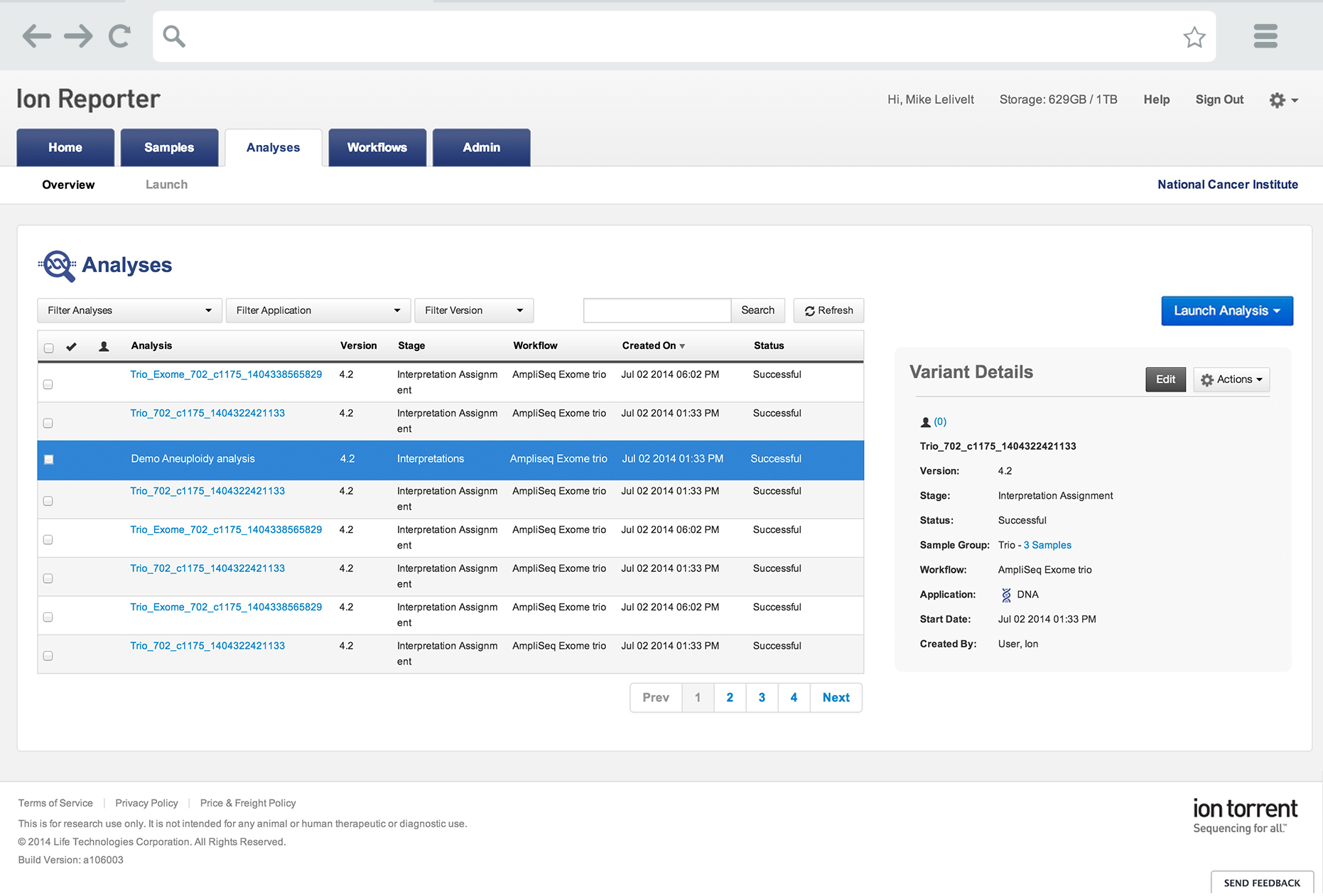 Ion Reporter Analysis Screen