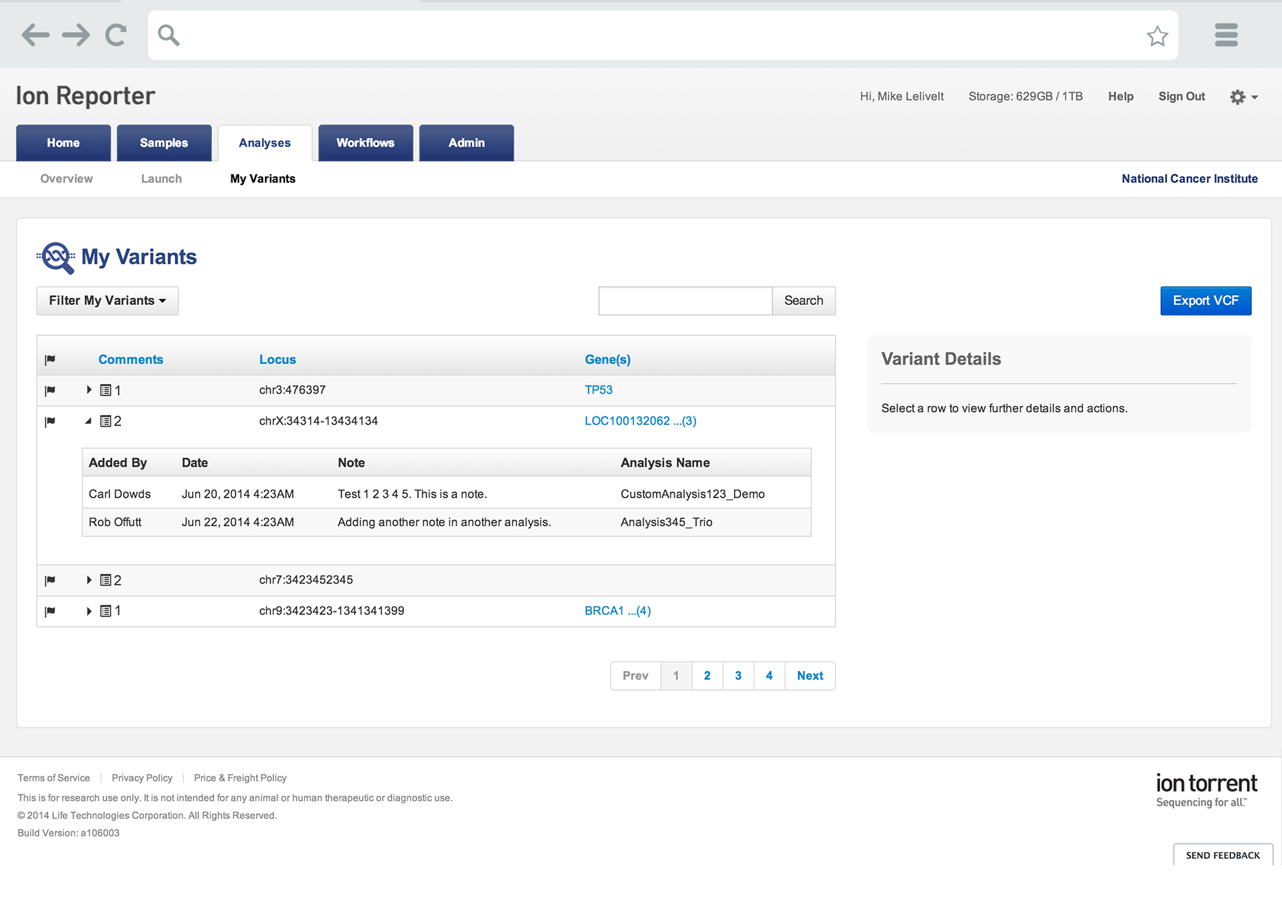 Ion Reporter Analysis Screen