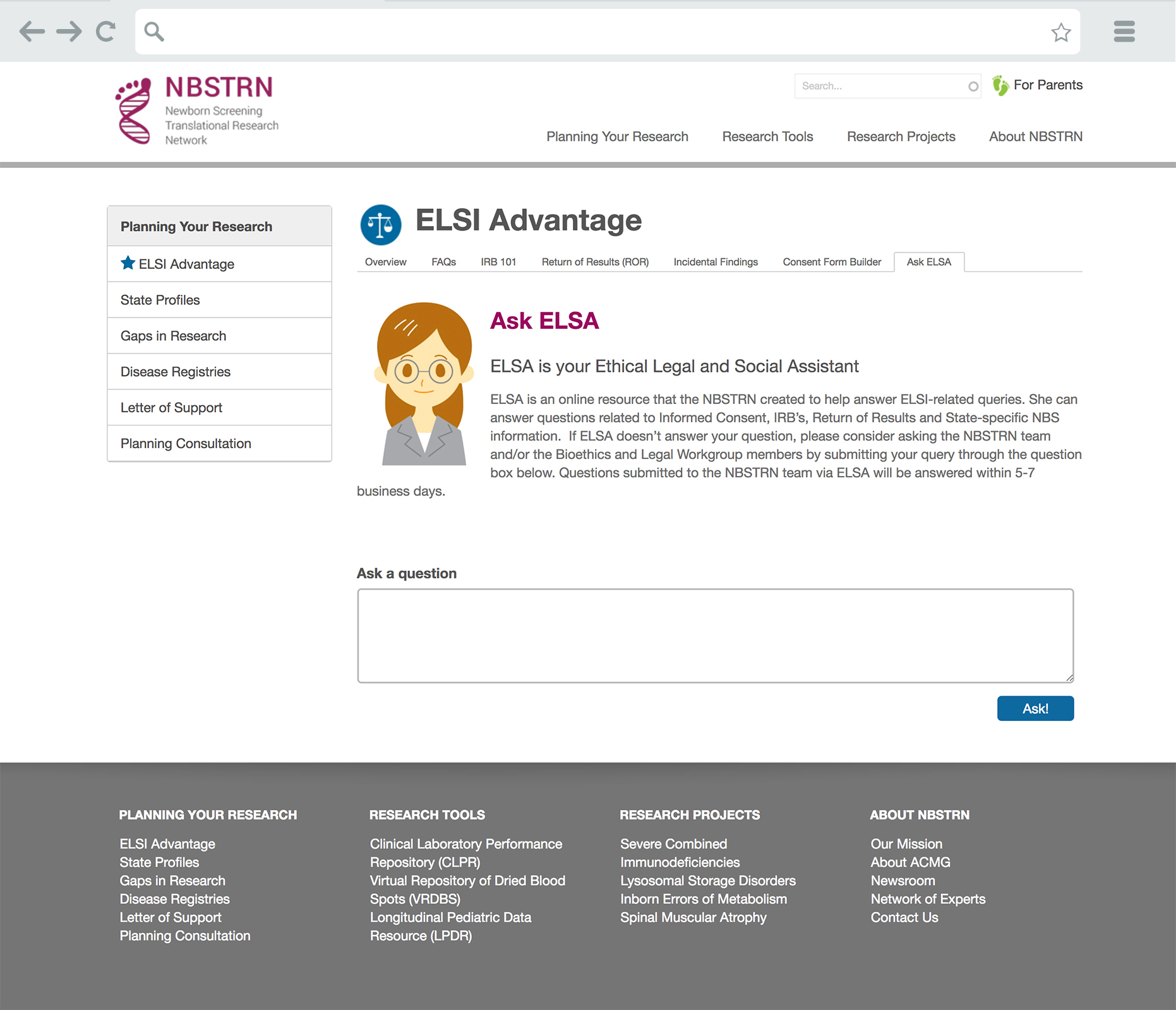 NBSTRN Research Planning ELSI Advantage Page for Ask ELSA