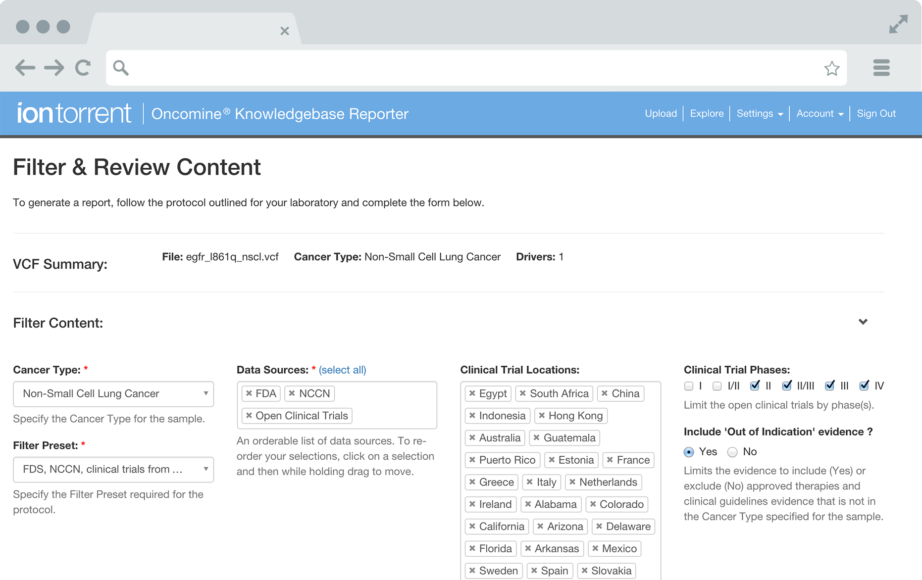 Oncomine Report Content Screen