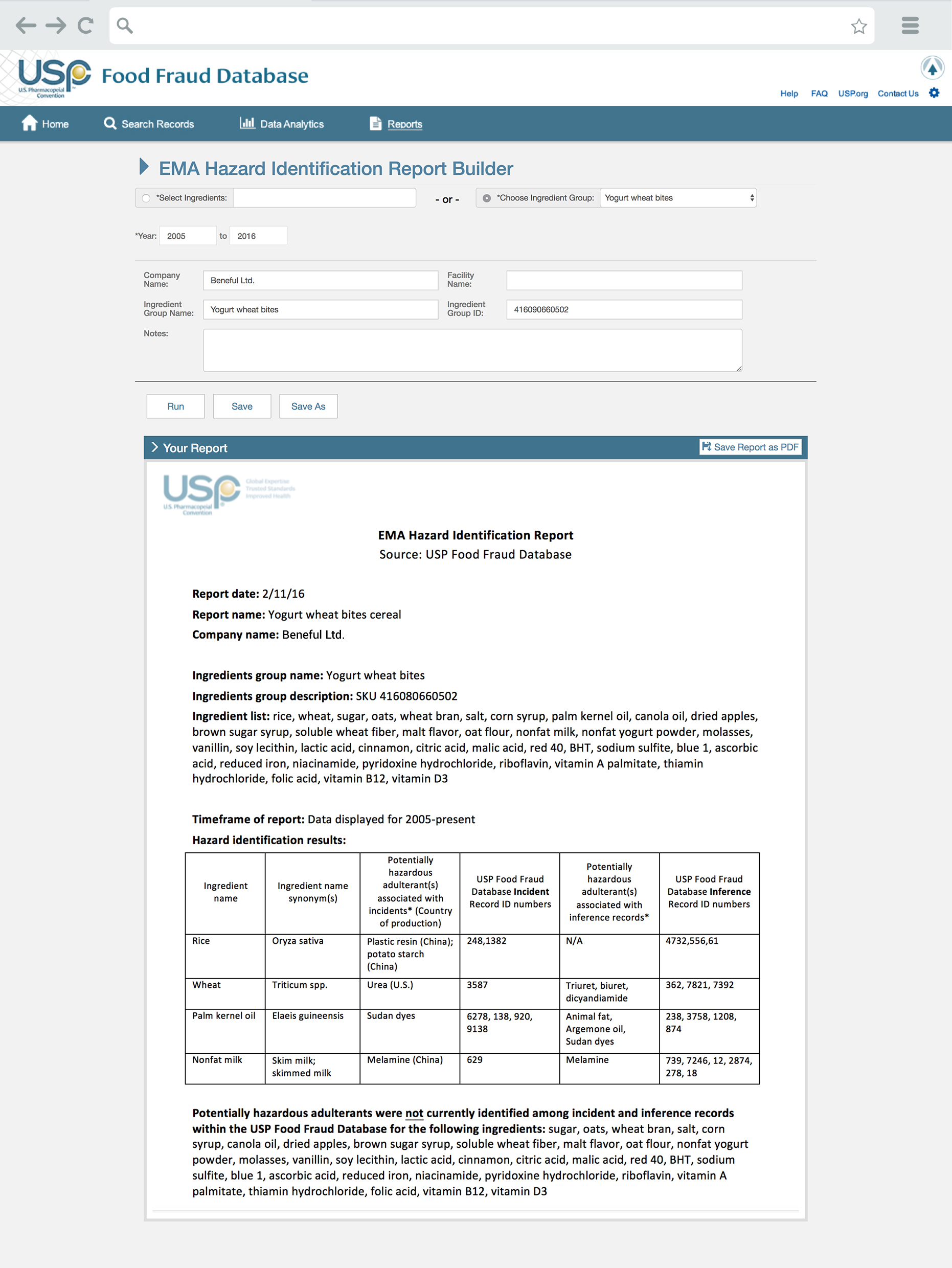 Food Fraud Database Report Builder page