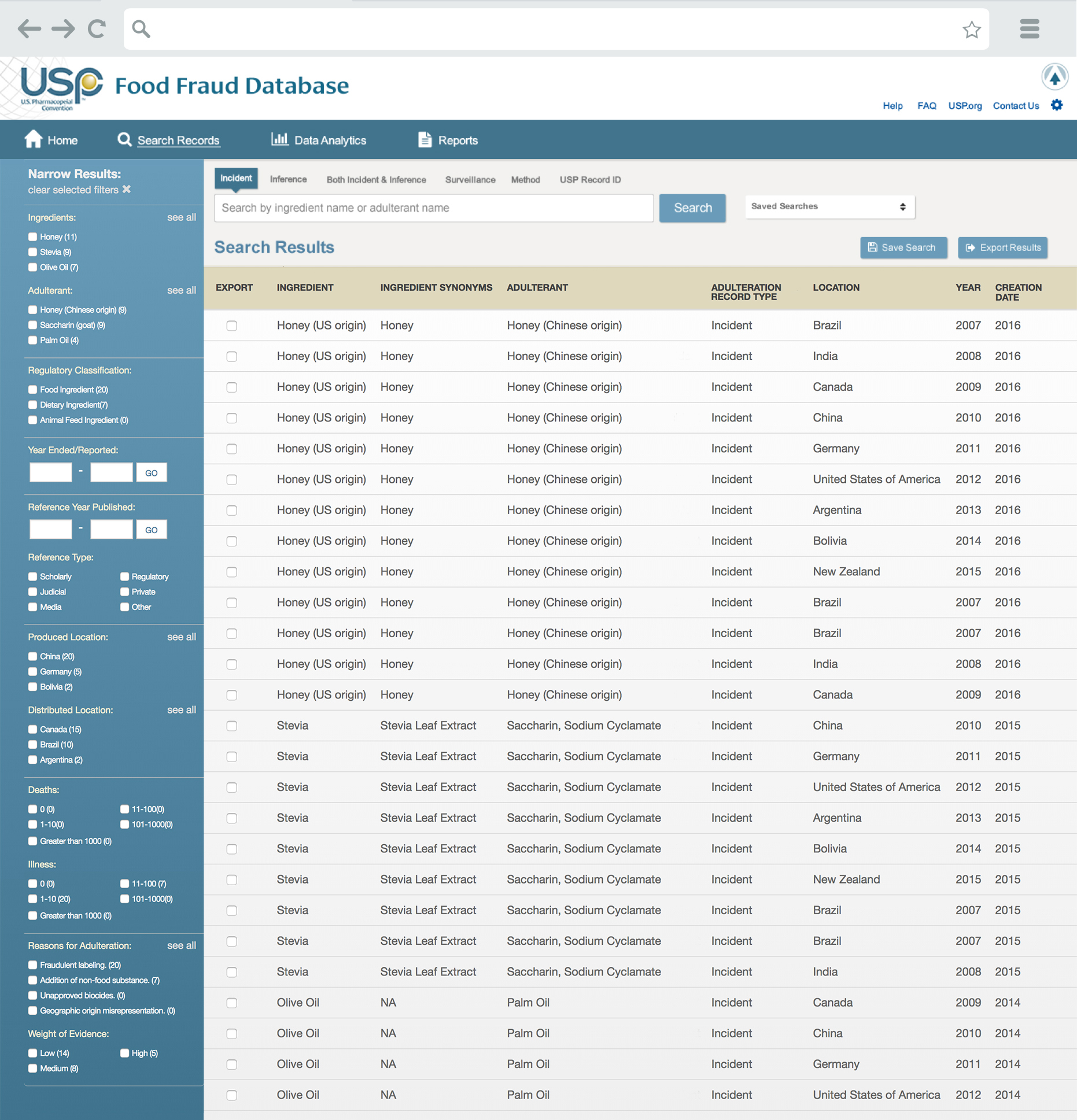 Food Fraud Database Search Results page